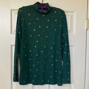 Karen Scott Green Turtleneck Sweater with Gold Christmas Trees Accents